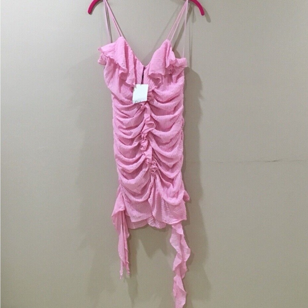Zara Pink Ruffle Ruched Spaghetti-Strap Mini Dress - Picture 14 of 15